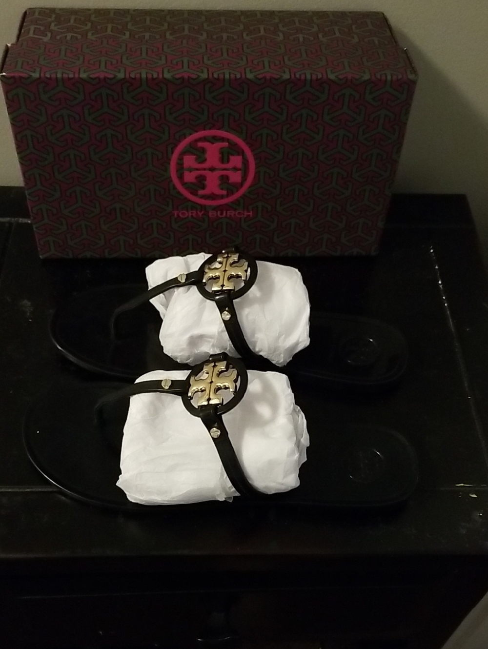 Tory Burch Black Sandals with Gold Logo Medallions